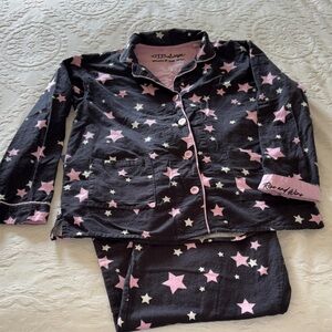 P.J. Salvage Women’s Black Pajama Set with Pink & White Stars EUC L